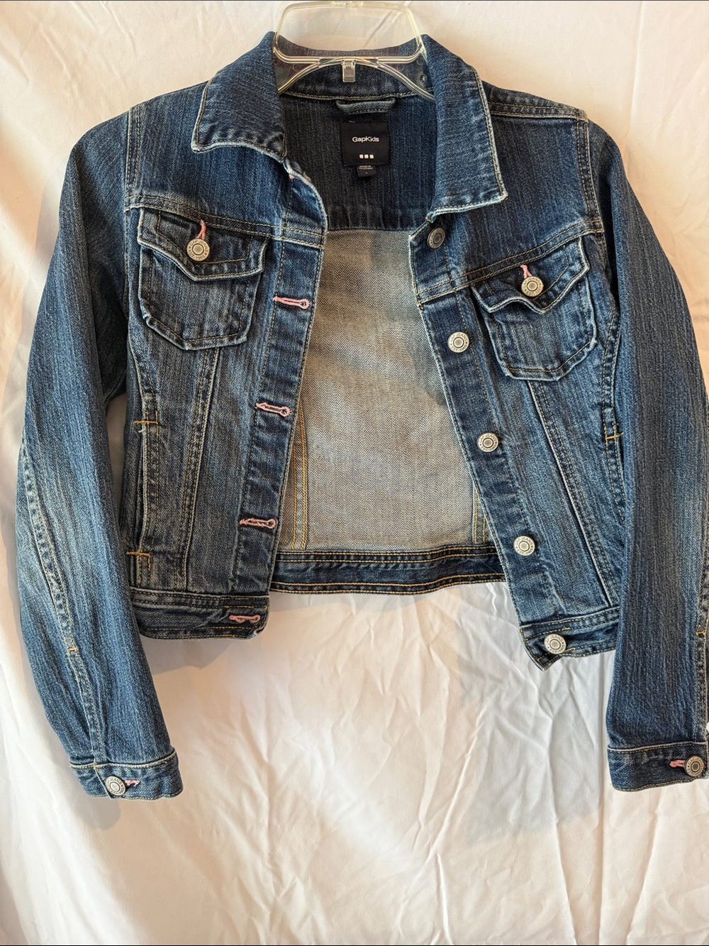 GAP Blue Cropped Denim Jacket with Pink Stitch Accents